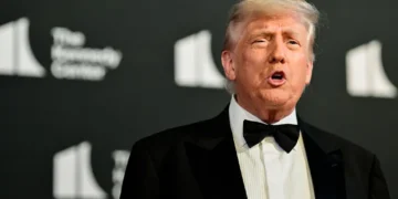President Donald Trump and First Lady Melania Trump attend the opening night of Les Misérables at the Kennedy Center in Washington, D.C.