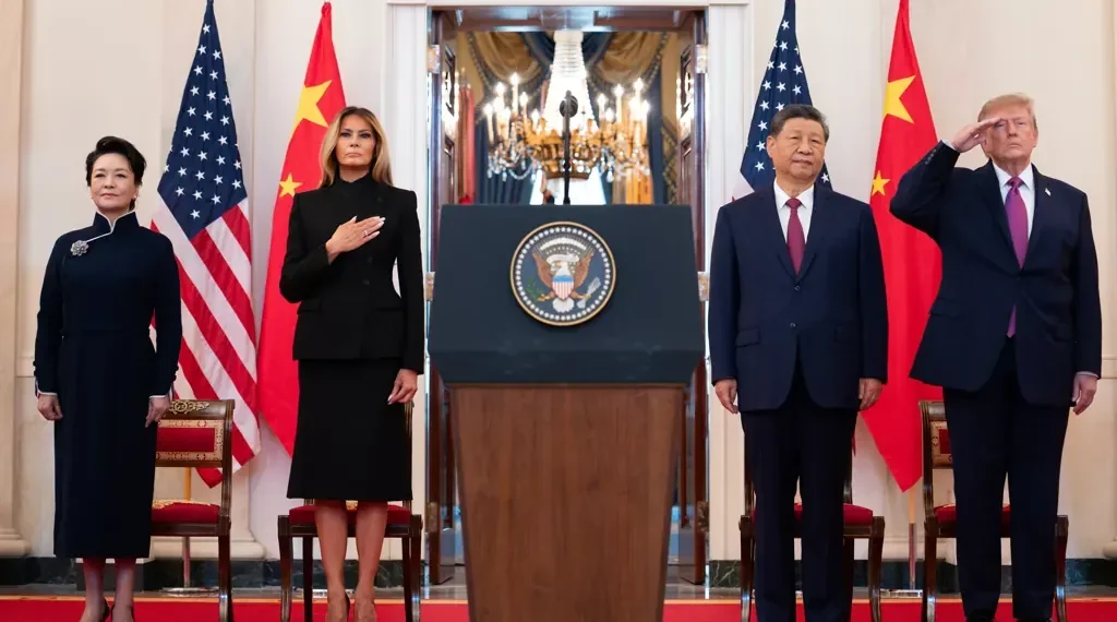 U.S. and Chinese leaders and first ladies greet one another during a state arrival ceremony at the White House on September 24, 2026.