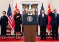 U.S. and Chinese leaders and first ladies greet one another during a state arrival ceremony at the White House on September 24, 2026.