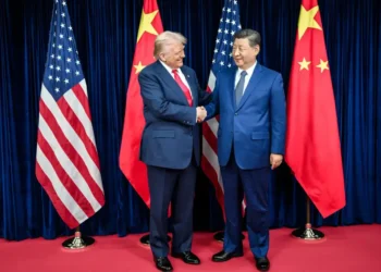 U.S. and Chinese leaders greet before a bilateral meeting at Gimhae International Airport in Busan, South Korea, on October 30, 2025.