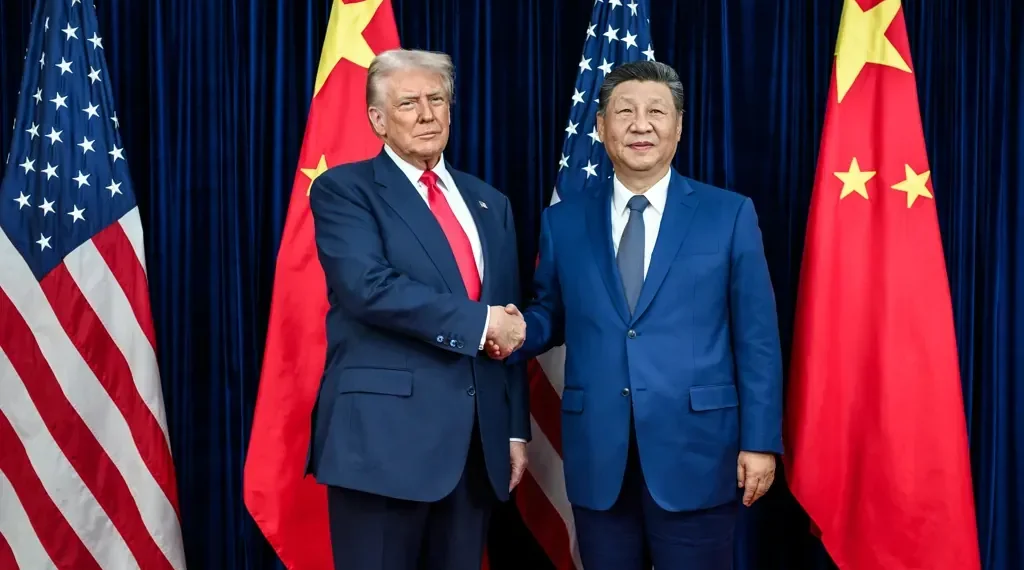 U.S. and Chinese leaders greet before a bilateral meeting at Gimhae International Airport in Busan, South Korea, on October 30, 2025.