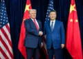 U.S. and Chinese leaders greet before a bilateral meeting at Gimhae International Airport in Busan, South Korea, on October 30, 2025.