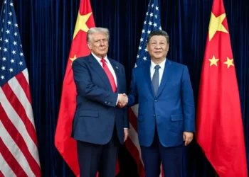 U.S. and Chinese leaders greet before a bilateral meeting at Gimhae International Airport in Busan, South Korea, on October 30, 2025.