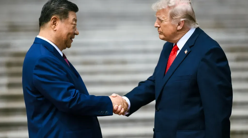 U.S. President Donald J. Trump participates in a welcome ceremony with Chinese President Xi Jinping at Beijing’s Great Hall of the People on May 14, 2026.