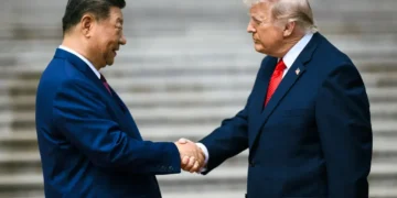U.S. President Donald J. Trump participates in a welcome ceremony with Chinese President Xi Jinping at Beijing’s Great Hall of the People on May 14, 2026.