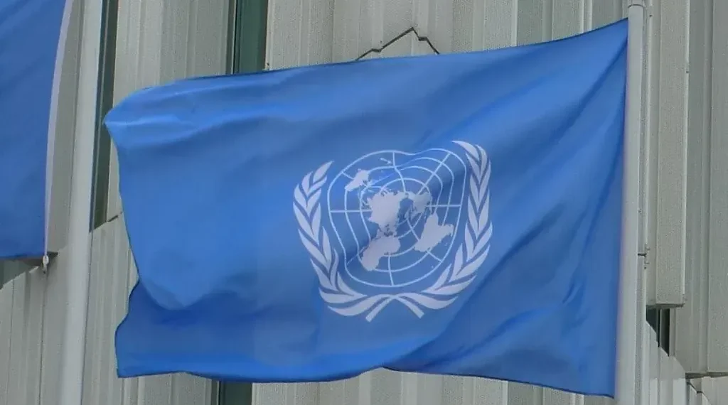 United Nations flag displayed at UN City in Østerbro, Copenhagen, Denmark, photographed on July 27, 2015.