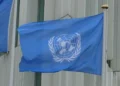 United Nations flag displayed at UN City in Østerbro, Copenhagen, Denmark, photographed on July 27, 2015.