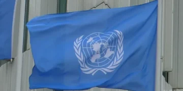 United Nations flag displayed at UN City in Østerbro, Copenhagen, Denmark, photographed on July 27, 2015.