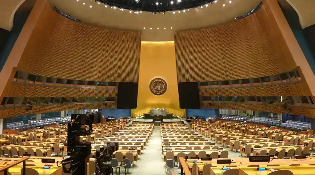 Empty United Nations General Assembly Hall in New York City, photographed on August 8, 2024, with no session in progress.