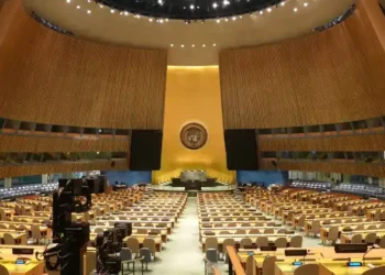 Empty United Nations General Assembly Hall in New York City, photographed on August 8, 2024, with no session in progress.