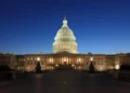 United States Capitol illuminated at dusk, viewed from the eastern side in Washington, D.C., on September 3, 2013.