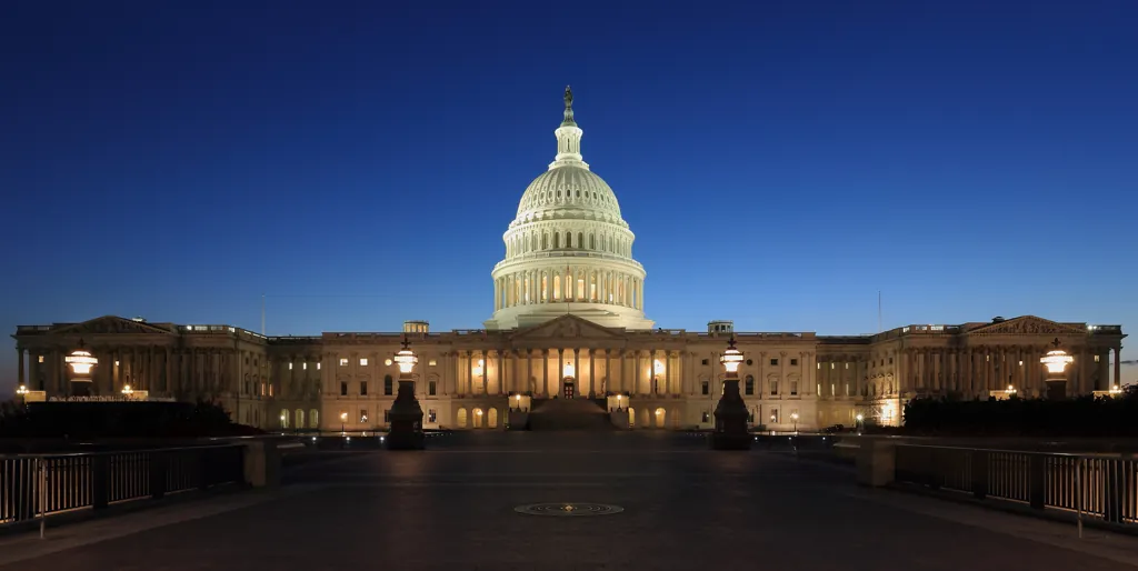 United States Capitol illuminated at dusk, viewed from the eastern side in Washington, D.C., on September 3, 2013.