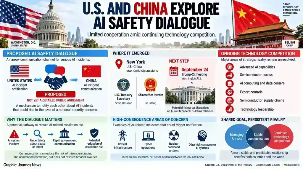 U.S. and Chinese officials explore an AI safety dialogue amid technology competition, semiconductor restrictions, and concerns over high-consequence AI incidents.