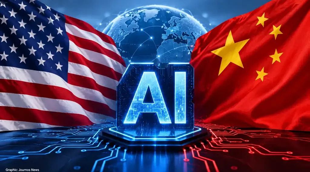 U.S. and Chinese flags frame a glowing AI symbol, illustrating competition between the two countries over artificial intelligence technology.