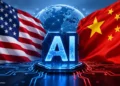 U.S. and Chinese flags frame a glowing AI symbol, illustrating competition between the two countries over artificial intelligence technology.
