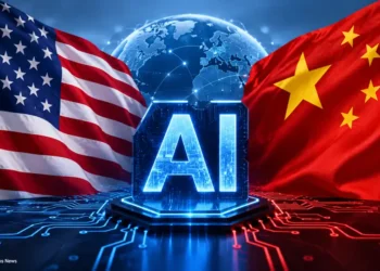 U.S. and Chinese flags frame a glowing AI symbol, illustrating competition between the two countries over artificial intelligence technology.