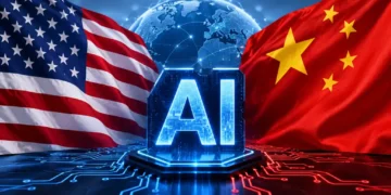 U.S. and Chinese flags frame a glowing AI symbol, illustrating competition between the two countries over artificial intelligence technology.