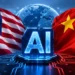U.S. and Chinese flags frame a glowing AI symbol, illustrating competition between the two countries over artificial intelligence technology.