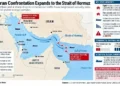 Map showing U.S.-Iran confrontation, reported tanker strikes, shipping routes and Strait of Hormuz security risks.