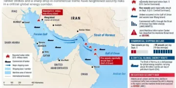 Map showing U.S.-Iran confrontation, reported tanker strikes, shipping routes and Strait of Hormuz security risks.