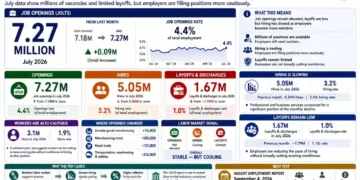 Business graphic showing U.S. job openings, hiring, layoffs, hiring rates, labor-market trends and Federal Reserve implications for July 2026.