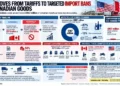 Graphic showing new U.S. import restrictions on selected Canadian goods, their estimated value, trade dispute timeline and potential supply-chain effects.
