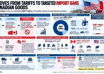 Graphic showing new U.S. import restrictions on selected Canadian goods, their estimated value, trade dispute timeline and potential supply-chain effects.