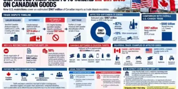 Graphic showing new U.S. import restrictions on selected Canadian goods, their estimated value, trade dispute timeline and potential supply-chain effects.