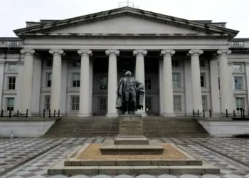 North entrance of the U.S. Treasury Building with the Albert Gallatin statue in Washington, D.C.