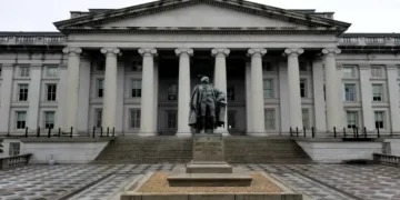 North entrance of the U.S. Treasury Building with the Albert Gallatin statue in Washington, D.C.