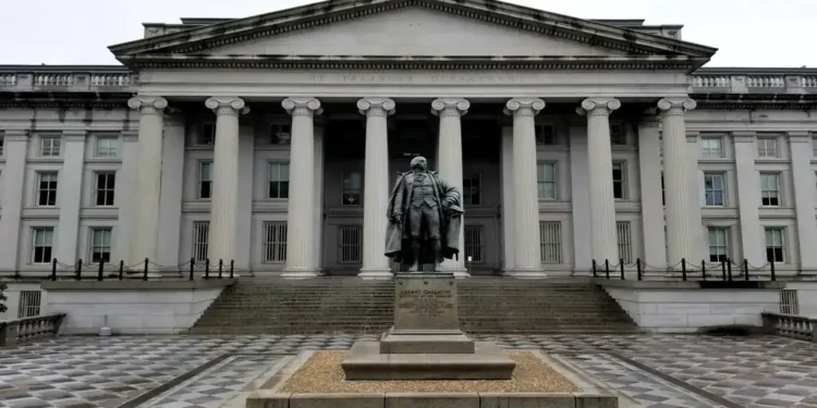 North entrance of the U.S. Treasury Building with the Albert Gallatin statue in Washington, D.C.