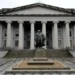 North entrance of the U.S. Treasury Building with the Albert Gallatin statue in Washington, D.C.