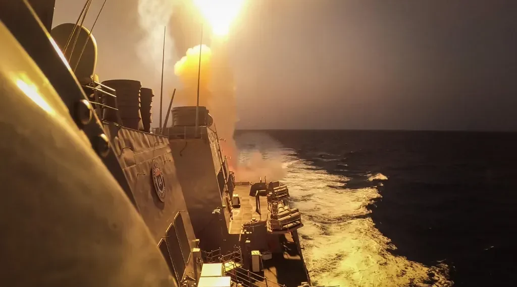 U.S. Navy guided-missile destroyer USS Carney engages missiles and unmanned aerial vehicles over the Red Sea on October 19, 2023.