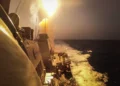 U.S. Navy guided-missile destroyer USS Carney engages missiles and unmanned aerial vehicles over the Red Sea on October 19, 2023.