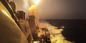 U.S. Navy guided-missile destroyer USS Carney engages missiles and unmanned aerial vehicles over the Red Sea on October 19, 2023.