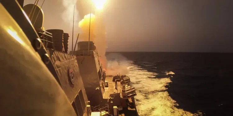 U.S. Navy guided-missile destroyer USS Carney engages missiles and unmanned aerial vehicles over the Red Sea on October 19, 2023.