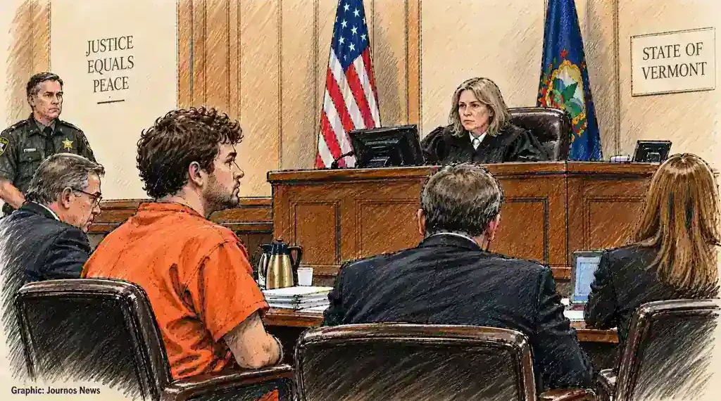 Vermont courtroom scene shows a defendant in orange seated before a judge, with attorneys and a law enforcement officer present.