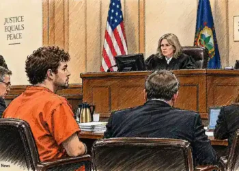 Vermont courtroom scene shows a defendant in orange seated before a judge, with attorneys and a law enforcement officer present.