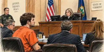 Vermont courtroom scene shows a defendant in orange seated before a judge, with attorneys and a law enforcement officer present.