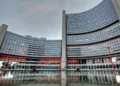 Vienna International Centre buildings A and B, headquarters of the International Atomic Energy Agency, photographed in Vienna in June 2010