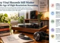 Vinyl record playing on a turntable beside headphones, speakers, records, plants and music books in a bright home listening space