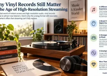Vinyl record playing on a turntable beside headphones, speakers, records, plants and music books in a bright home listening space