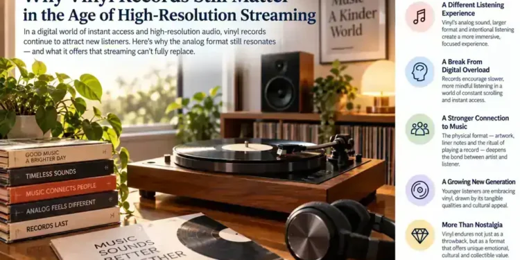 Vinyl record playing on a turntable beside headphones, speakers, records, plants and music books in a bright home listening space