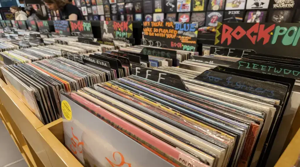 Vinyl records displayed in a music store, showing rows of physical albums available for purchase.