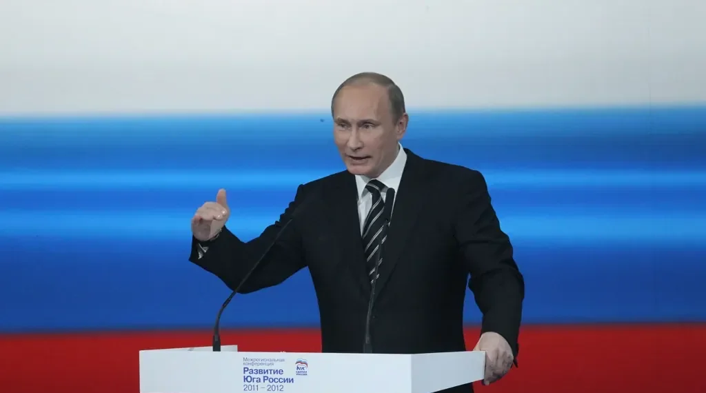 Vladimir Putin speaks during an interregional conference in Volgograd, Russia, on May 6, 2011, proposing creation of the All-Russia Popular Front.