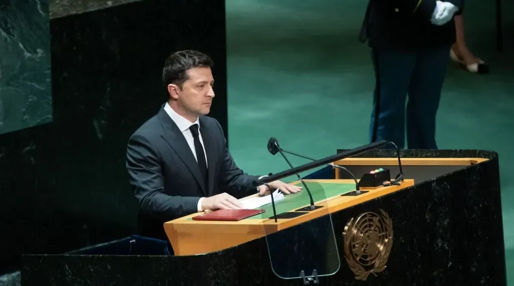 Ukrainian President Volodymyr Zelenskyy attends the 76th session of the United Nations General Assembly in New York on September 21, 2021.
