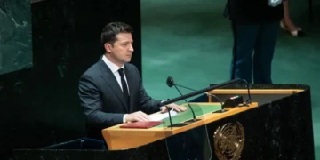 Ukrainian President Volodymyr Zelenskyy attends the 76th session of the United Nations General Assembly in New York on September 21, 2021.