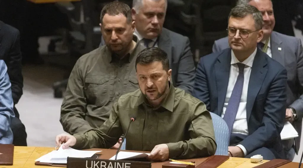 Ukrainian President Volodymyr Zelenskyy speaks during the UN Security Council Ukraine Open Debate at United Nations Headquarters in New York.