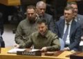Ukrainian President Volodymyr Zelenskyy speaks during the UN Security Council Ukraine Open Debate at United Nations Headquarters in New York.