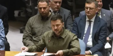 Ukrainian President Volodymyr Zelenskyy speaks during the UN Security Council Ukraine Open Debate at United Nations Headquarters in New York.